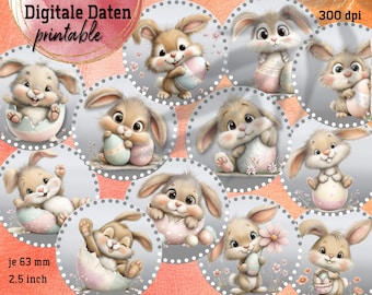 12 funny Easter bunnies - circles - Happy Easter - digital print collages - each ø 63 mm/ 2.5 inch - instant download PDF/JPG - No. 2604