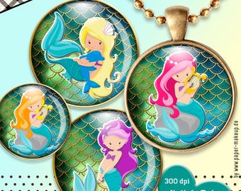 9x 8 sizes digital collage sheets Mermaids - Instant download - PDF/JPG - 8 sizes: 25, 20, 18, 16, 14, 12, 10, 8 mm - No. 341