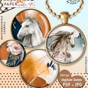 Horses & ART - 24x vários modelos de cabochão de design - folhas de colagem digital imprimíveis - download instantâneo PDF/JPG - No.