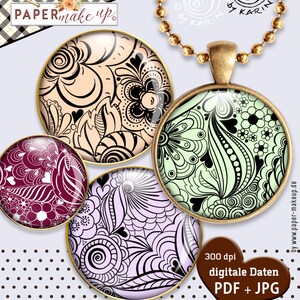 May include: Four round, decorative, glass cabochons with black and white floral patterns on a light peach, burgundy, light green, and lavender background. The cabochons are 300 dpi and available in PDF and JPG formats.