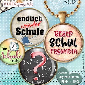 May include: Four round, colorful, decorative, glass cabochons with gold trim. The cabochons feature different designs, including a clock, a chalkboard with math problems, a vintage map, and a pink and white background with the text "Beste Schul Freundin".