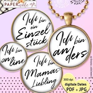 Könnte beinhalten: Vier runde weiße Aufkleber mit schwarzem Text und goldener Umrandung. Die Aufkleber sagen "Ich bin ein Einzelstück", "Ich bin online", "Ich bin anders" und "Ich bin Mamas Liebling".
