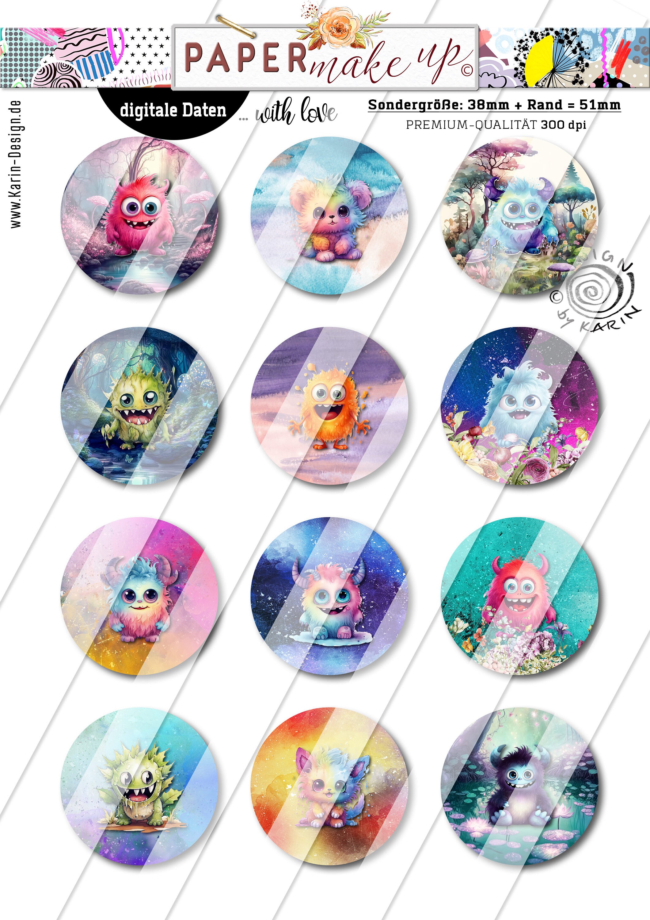 Monster Button Designs 20 Assorted Design Button Templates - Digital Print Collages - Special ...