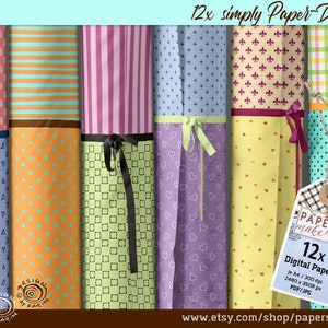 Könnte beinhalten: Zwölf digitale Papierdesigns in verschiedenen Mustern, darunter Streifen, Punkte, Herzen und geometrische Formen. Die Papiere sind in verschiedenen Farben erhältlich, darunter Blau, Grün, Gelb, Orange, Rosa und Lila. Die Papiere sind 2480 x 3508 Pixel groß und im PDF- und JPG-Format verfügbar. Der Text "12x simply Paper Design" und "PAPER makeup" ist im Bild sichtbar.