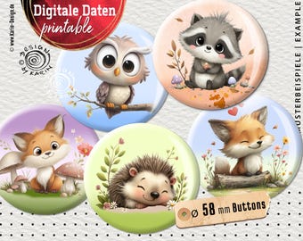 20 Design Button Templates - Digital Print Collages - Special Size 58 mm - Cute Animals - Instant Download PDF/JPG - No. 2602