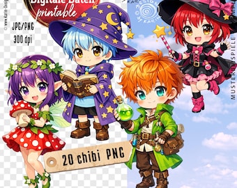 20 enchanting chibi characters - magical girls and boys - digital clip art - instant download PNG and JPG - No. 2607