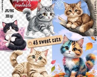 45 cute cats - in watercolor style - digital clipart - instant download PNG and JPG - No. 2541