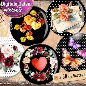 20 Design Button Templates - collages numériques imprimables - taille personnalisée 58mm - Fleurs - Téléchargement instantané PDF/JPG - No 2323