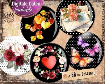 20 Design Button Templates - printable digital collages - custom size 58mm - Flowers - Instant Download PDF/JPG - No 2323