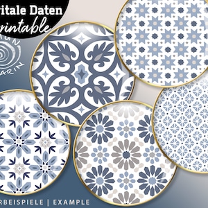 May include: Five printable tile designs in blue, white, and gray with geometric patterns. The designs are in a circle shape with a gold border.