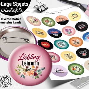 May include: A sheet of printable collage stickers featuring 20 different designs for teachers. The stickers are 32 mm in diameter and feature various designs with text such as "Lieblings Lehrerin" and "Super Power Lehrer".