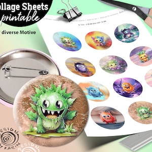 Monster Button Designs 20 Assorted Design Button Templates - Digital Print Collages - Special ...