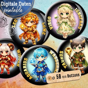 May include: A collection of round buttons featuring anime-style illustrations of zodiac signs. Each button has a black background with a character in vibrant colors, and the sign's name in gold. The buttons are approximately 2.28 inches in diameter.