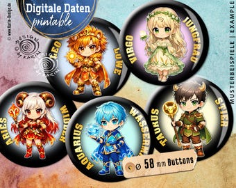 Premium Zodiac Chibi Collection – 12 Cabochon Anime Horoscope Figures – Magical Astrology – No. 2606