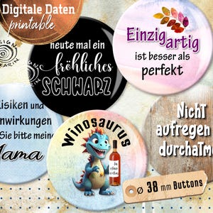 20 modelos de botões de design variados - colagens de impressão digital - tamanho especial 38 mm - inteligente ;o)) palavras - download instantâneo PDF/JPG - No.