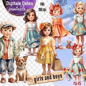 25 kleine meisjes en jongens - Retrostijl - digitale cliparts - PNG - direct downloaden PNG - transparante achtergrond - nr. 2417