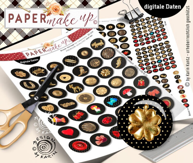 42x Cabochon-Design digital Print Collagen Black-Red-Gold Sofort-Download PDF/JPG Kreise in 5 Größen Nr 173 Bild 3