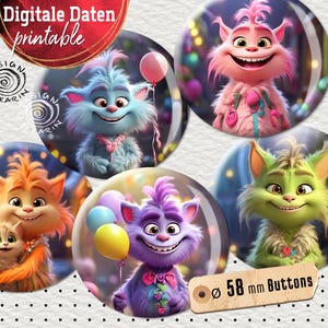 20 ontwerpknopsjablonen - digitale printcollages - speciaal formaat 58 mm - kleine grappige monsters - instant download PDF/JPG - nr. 2418