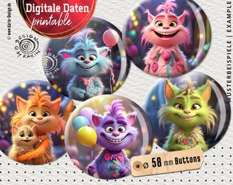 20 Design Button Templates - Digital Print Collages - Special Size 58 mm - Small Funny Monsters - Instant Download PDF/JPG - No. 2418