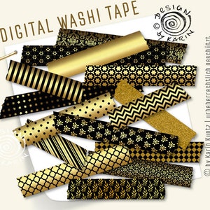 May include: Digital washi tape set with black and gold patterns. The patterns include stars, polka dots, stripes, geometric shapes, and floral designs. The text "DIGITAL WASHI TAPE" is at the top of the image. The text "DESIGN by KARIN" is at the top right of the image. The text "© by Karin Kuntz | urheberrechtlich geschützt" is at the bottom right of the image.