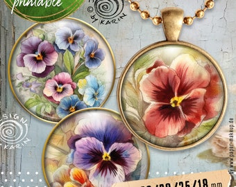 20 digital templates - 4 sizes 38 + 30 + 25 + 18 mm - pansies - collage sheets printable images - instant download PDF/JPG - No. 2344