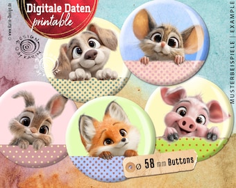 20 Design Button Templates - Digital Print Collages - Special Size 58 mm - Small Sweeties - Instant Download PDF/JPG - No. 2603