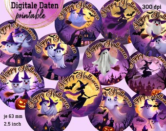 12 various Halloween circles - booooh - digital print collages - each ø 63 mm/ 2.5 inch - instant download PDF/JPG - No. 2537