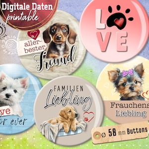 20x Design Button Templates - Print Collages digitaal - Speciaal formaat 58 mm - Honden - Directe download PDF/JPG - Nr. 2319