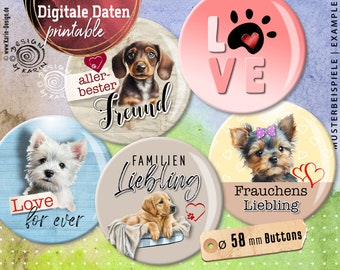 20x Design Button-Vorlagen - Print-Collagen digital - Sondergröße 58 mm - Dogs - Instant-Download PDF/JPG - Nr 2319