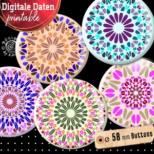 May include: Five 58 mm round buttons with colorful mandala designs. The designs feature a variety of colors, including pink, purple, blue, green, and orange. The buttons are perfect for adding a touch of color and style to any project.