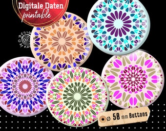 20 design templates - printable digital collages - button special size 58 mm - mandalas - instant download PDF/JPG - no. 2326