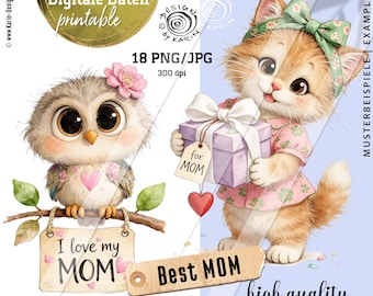 Mother's Day - Best Mom - animal clipart in watercolor style - digital files - instant download PNG/JPG and PDF - No. 2622