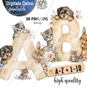 Könnte beinhalten: Digitales Printable mit den Buchstaben A und B, jeweils verziert mit entzückenden Aquarellillustrationen eines Welpen, einer Katze, eines Kaninchens und einer Maus. Das Design beinhaltet florale Akzente und den Text "A-Z + 1-10 high quality".