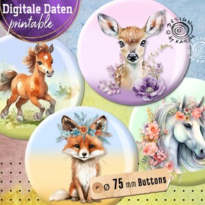 May include: Four printable 75 mm button designs featuring watercolor illustrations of a fawn, a unicorn, a fox, and a foal. The buttons are perfect for crafting projects, scrapbooking, and adding a touch of whimsy to your creations.