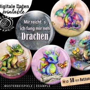 20x ontwerpknopsjablonen - digitale printcollages - speciaal formaat 58 mm - kleine draken - instant download PDF/JPG - nr. 2315