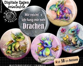 20x Design Button-Vorlagen - Print-Collagen digital - Sondergröße 58 mm - kleine Drachen - Instant-Download PDF/JPG - Nr 2315