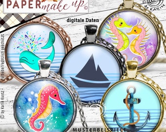30x cabochon design templates digital collage sheets maritime seahorse | 6 sizes | Instant download PDF/JPG - No. 246