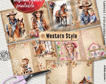 Watercolor Western Printable Pages - Cowboy Cowgirl Kids Horses - Junk Journal Kit A4 Paper - Collage Sheet - No. 2413