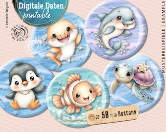 20 Design Button Templates - Digital Print Collages - Special Size 58 mm - sea-animals - Instant Download PDF/JPG - No. 2605