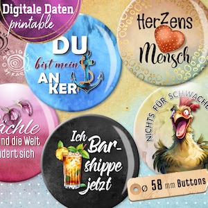 20 ontwerpsjablonen voor knopen - digitale printcollages - aangepast formaat 58 mm - grappige woorden - direct downloaden PDF/JPG - nr. 2317
