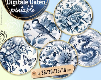 Blue patterns 20x design templates - 4 sizes 38 + 30 + 25 + 18 mm - digital collage sheets - cabochon instant download PDF/JPG - No. 2521
