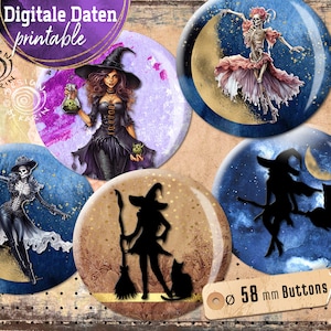 Könnte beinhalten: Fünf druckbare 58 mm Knopfdesigns mit einer Hexe, einem Skelett und einer Katze. Die Designs sind vor einem Hintergrund aus Sternen, Monden und Wolken platziert. Der Text "Digitale Daten printable" ist in der oberen linken Ecke des Bildes sichtbar.