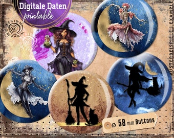 20 design button templates - digital print collages - special size 58 mm - Mystic Halloween - instant download PDF/JPG - No. 2335