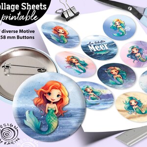 Modelos de botões de design 20x - colagens de impressão digital - tamanho especial 58 mm - sereias - download instantâneo PDF/JPG - No.