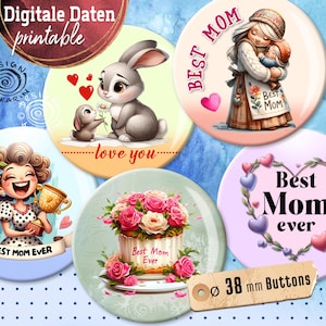 20 modelos de botões de design variados - colagens de impressão digital - tamanho especial 38 mm - love Mom - download instantâneo PDF/JPG - No.