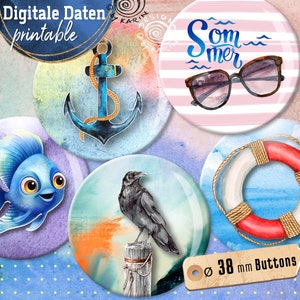 20 modèles de boutons au design varié - collages d'impression numérique - taille spéciale 38 mm - maritime - téléchargement instantané PDF/JPG - N° 2328