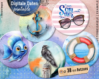 20 various design button templates - digital print collages - special size 38 mm - maritime - instant download PDF/JPG - No. 2328