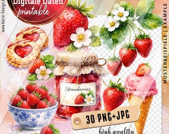 Strawberry season - 30 cute strawberry clipart images - in watercolor style - digital files - instant download PNG and JPG - No. 2611