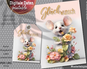 Glückwunsch Karte - Klappkarte - Labels - Lesezeichen - digital - süße Maus Collage - Instant-Download PDF und/oder JPG - Nr 2348