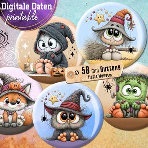 May include: Five circular 58 mm buttons featuring cartoon illustrations of a hooded creature, a witch on a broom, a fox in a hat, an owl in a hat, and a green monster. The buttons display various characters with large eyes and festive themes.